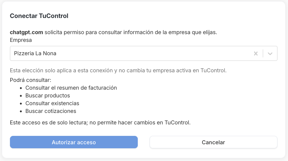 Pantalla de autorización de TuControl con el selector de empresa, las consultas disponibles y las opciones para autorizar o cancelar la conexión.