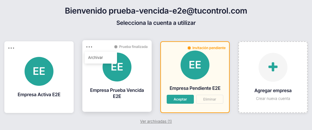 Tarjeta de una cuenta en el selector con el menú ⋯ abierto y la opción Archivar