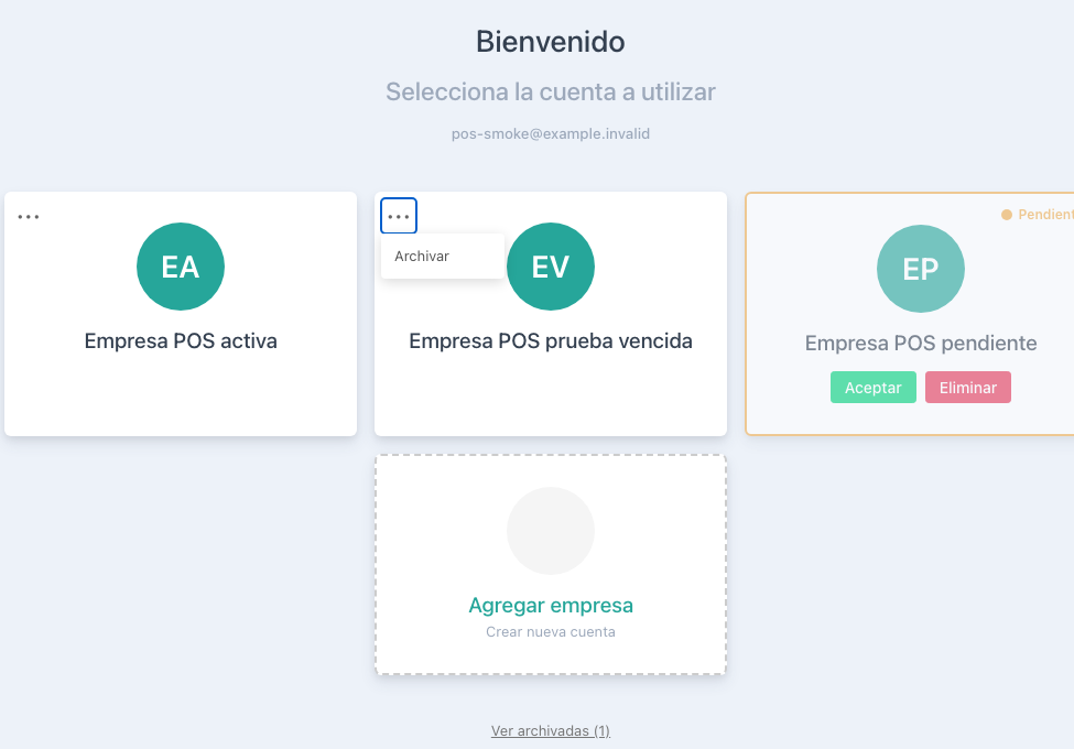 Selector de cuentas del POS con el menú ⋯ abierto y la opción Archivar