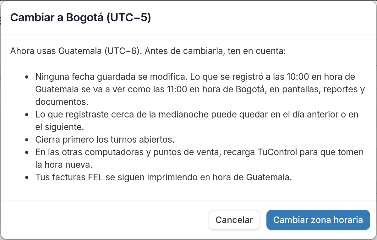 Aviso antes de cambiar la zona horaria con sus consideraciones y el botón Cambiar zona horaria