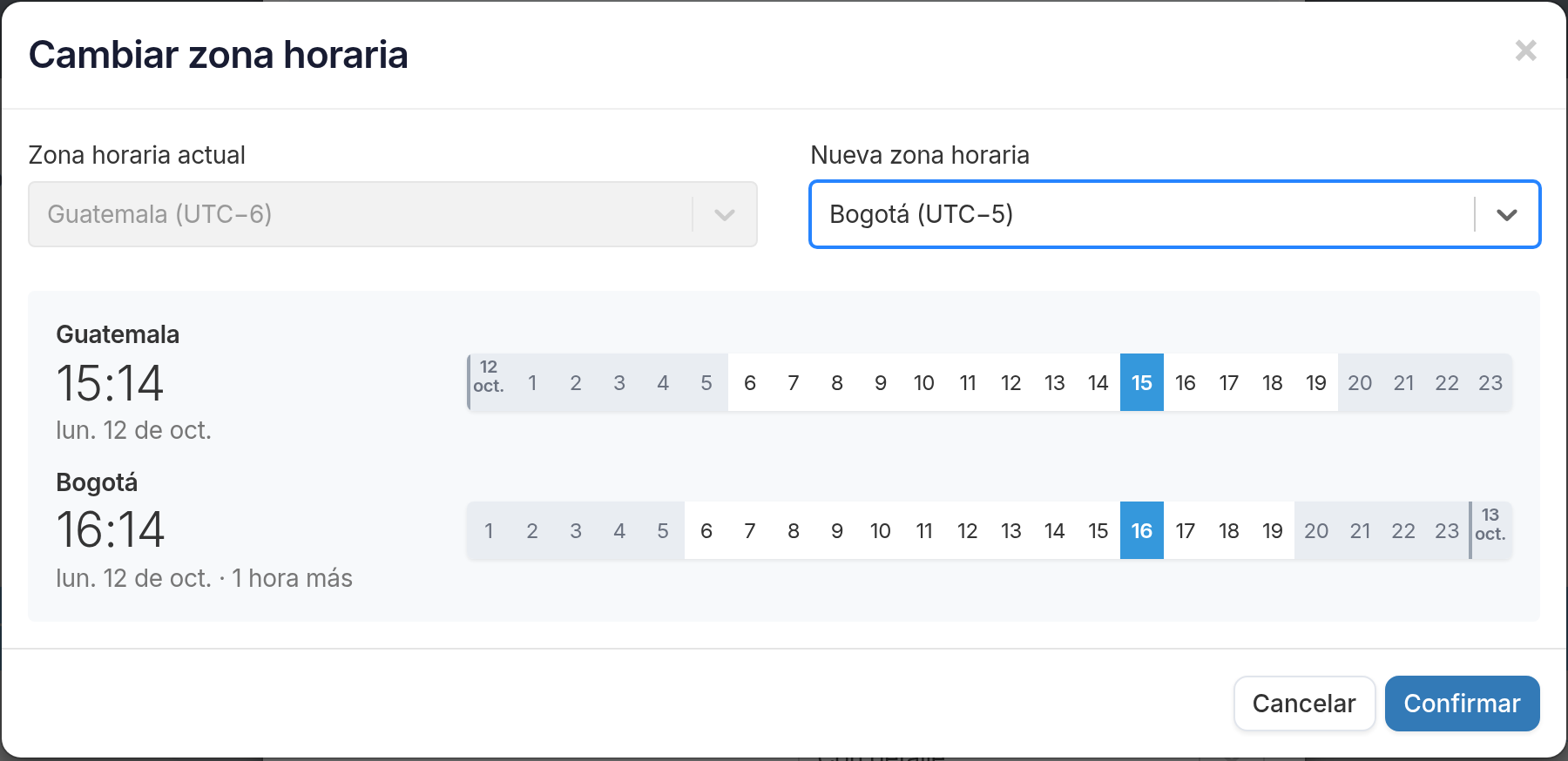 Comparación de la hora actual en Guatemala y en Bogotá, con la tira de horas de cada zona