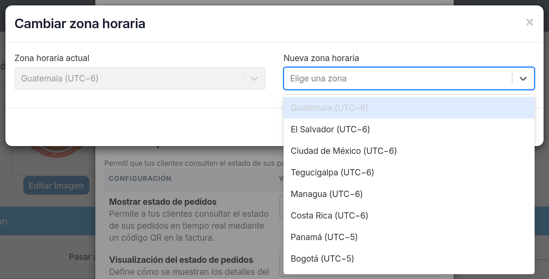 Ventana Cambiar zona horaria con la lista de zonas disponibles abierta