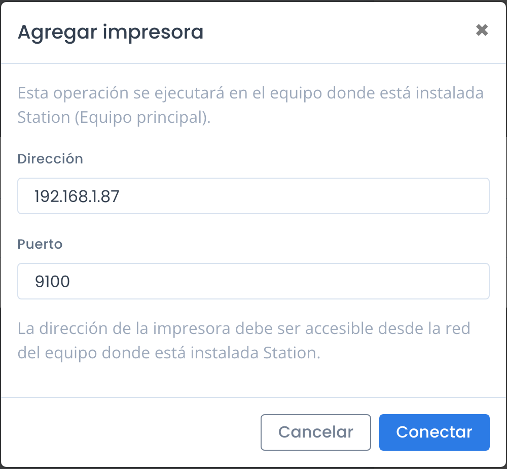 El formulario de impresora de red con los campos de dirección y puerto