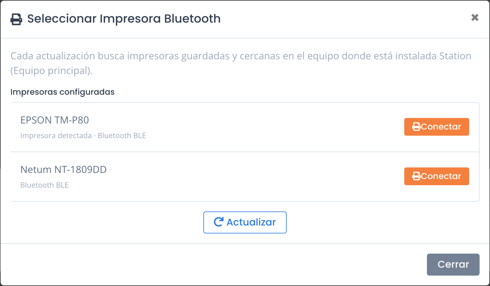 Lista de impresoras Bluetooth encontradas con el botón Conectar