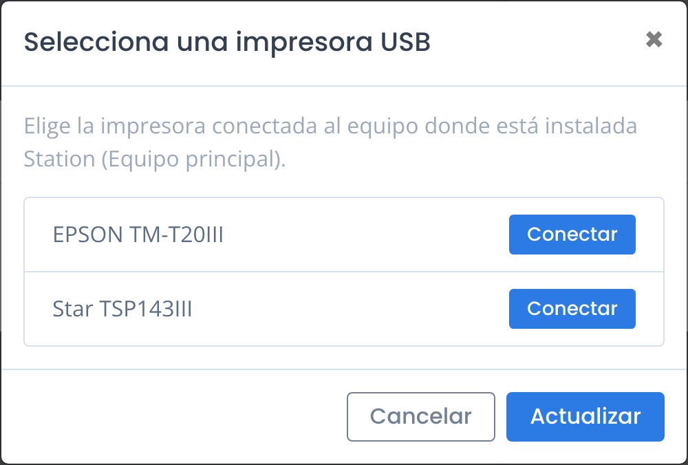 La lista de impresoras USB detectadas con el botón Conectar