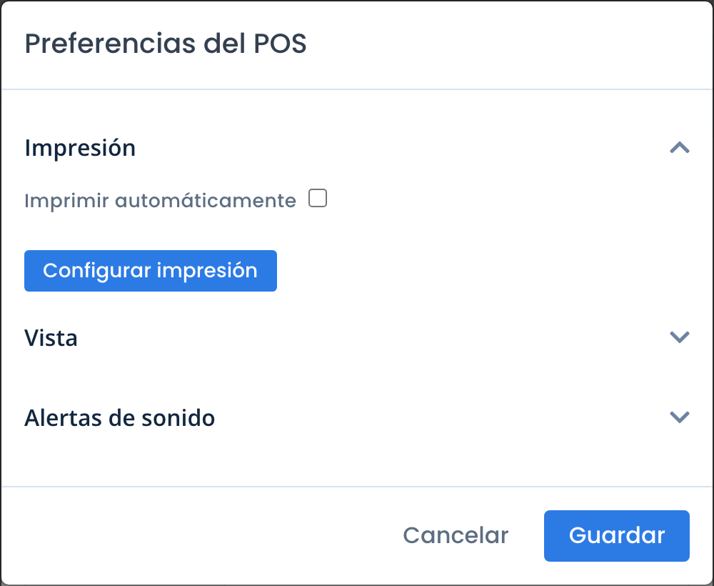 El modal de Preferencias del POS con la sección Impresión y el botón Configurar impresión