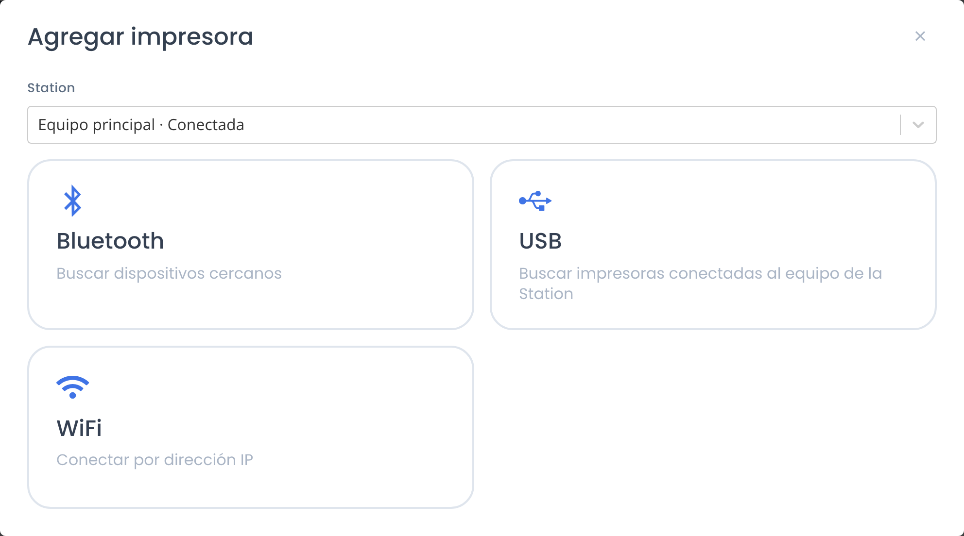 El modal Agregar impresora con el selector de equipo arriba y las tres opciones de conexión