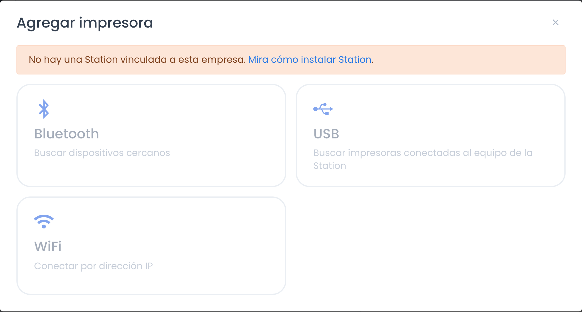 Aviso de que no hay una Station conectada, con las opciones en gris