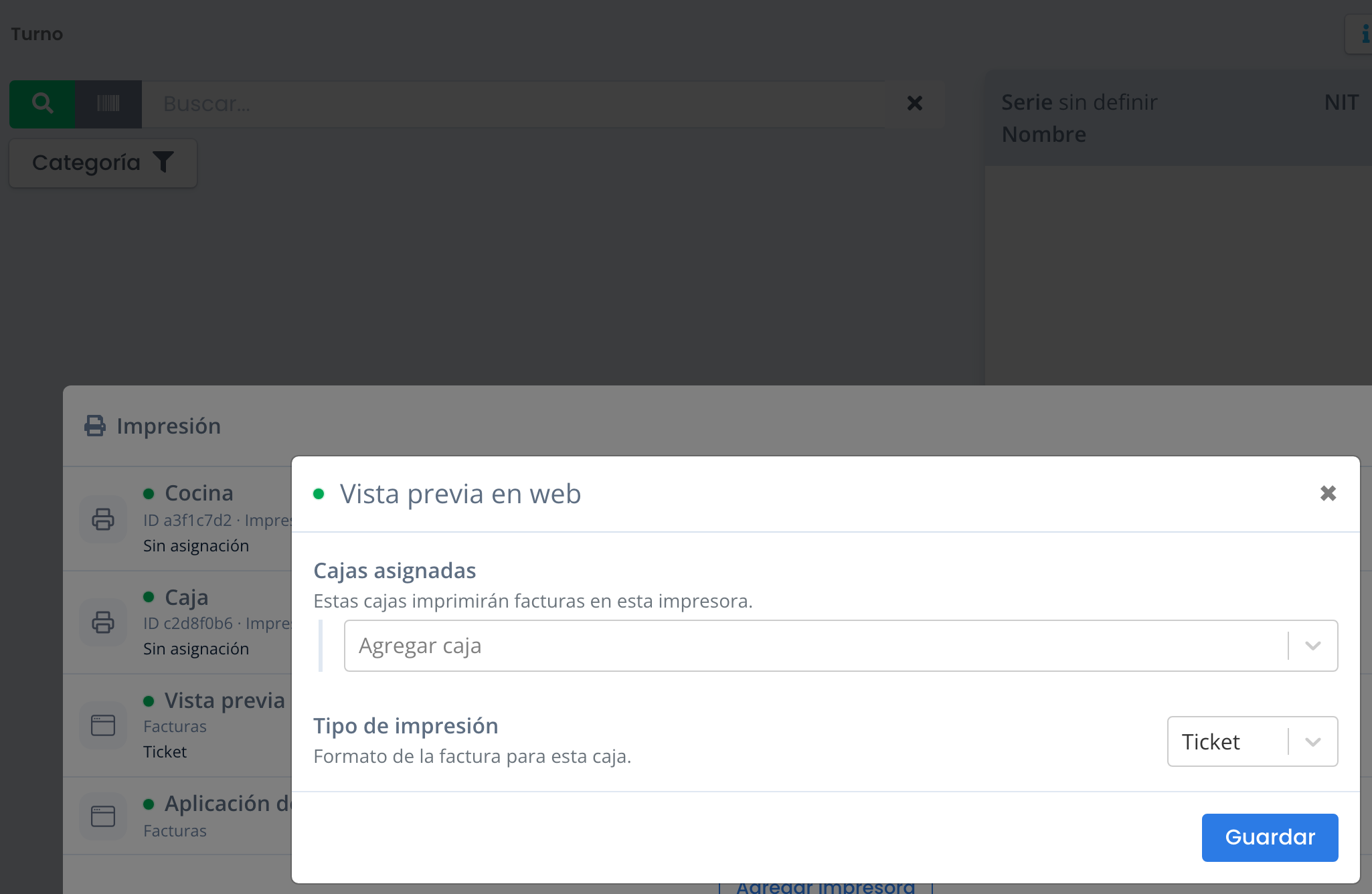 La configuración de Vista previa en web con el tipo de impresión Ticket o Carta