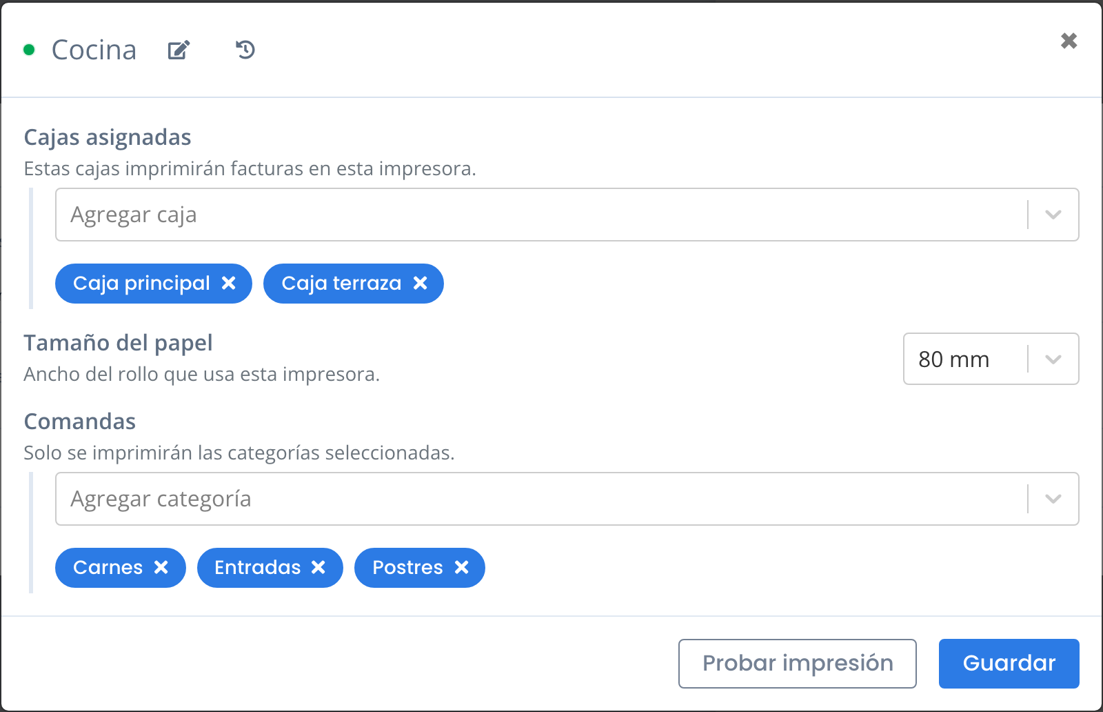 El modal Configurar con varias categorías asignadas a las comandas
