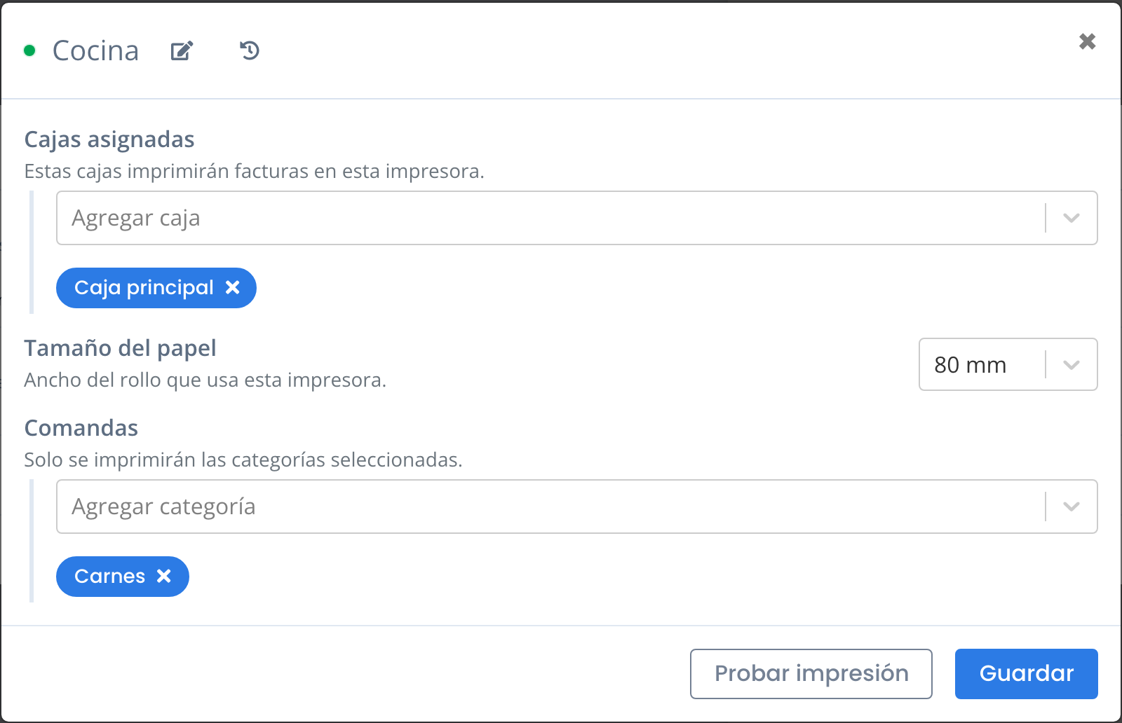 El modal Configurar de una impresora, con las secciones Comandas, Cajas asignadas y Tamaño del papel