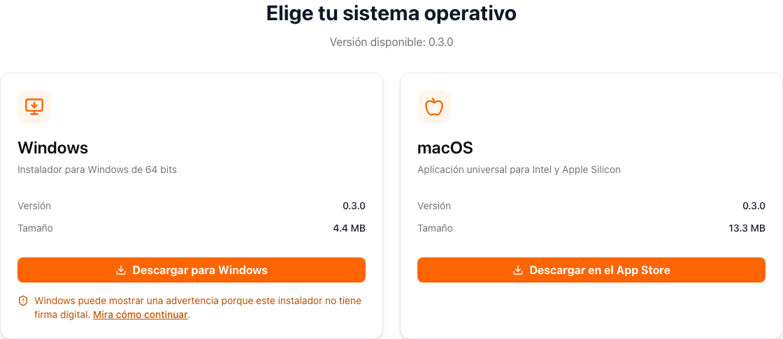 La página de descargas de TuControl Station, con los botones de Windows y del App Store para macOS