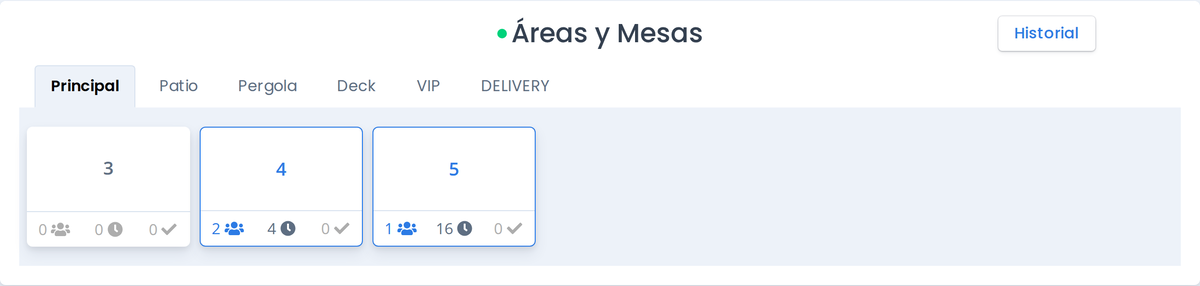 La pantalla Áreas y Mesas con las pestañas de área y tres mesas con sus contadores