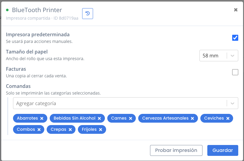 Configuración de una impresora con varias categorías asignadas a las comandas