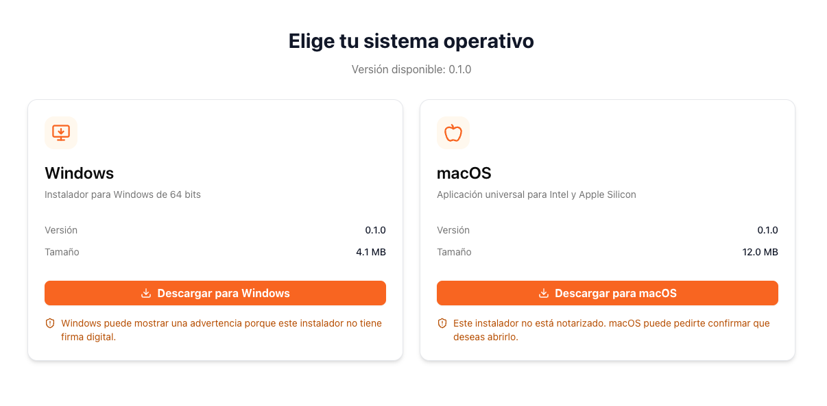 Página de descarga de TuControl Station con las opciones para Windows y macOS