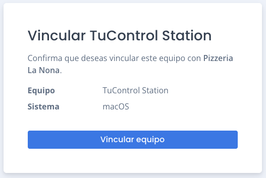 Página del navegador para confirmar la vinculación de TuControl Station y seleccionar Vincular equipo