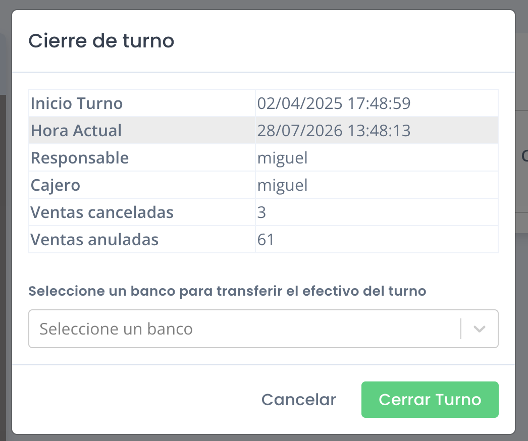 Cierre de turno sin montos