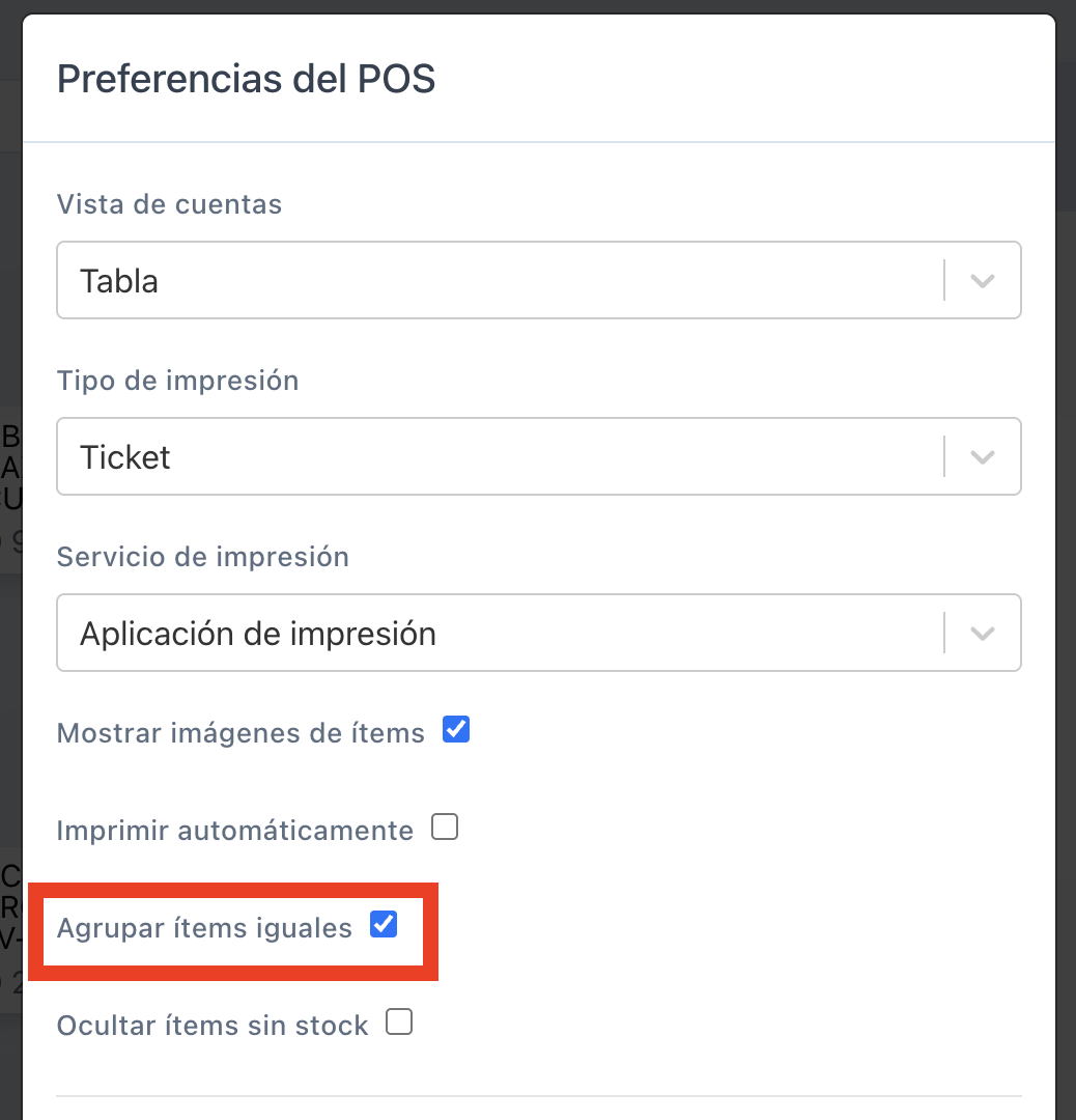 Preferencias del POS con la opción Agrupar ítems iguales activada