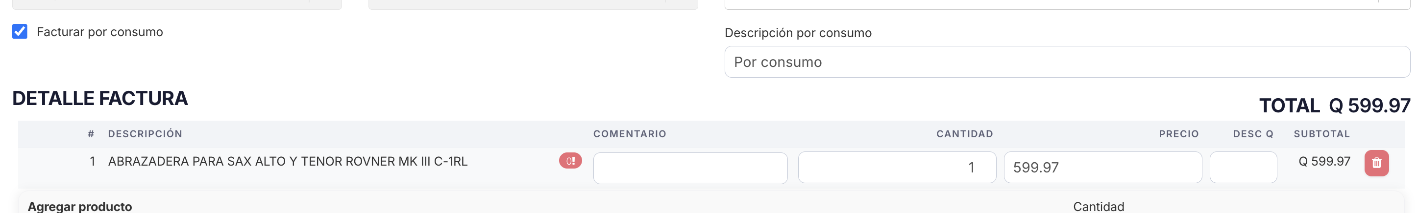 Formulario de factura en Admin con Facturar por consumo activado