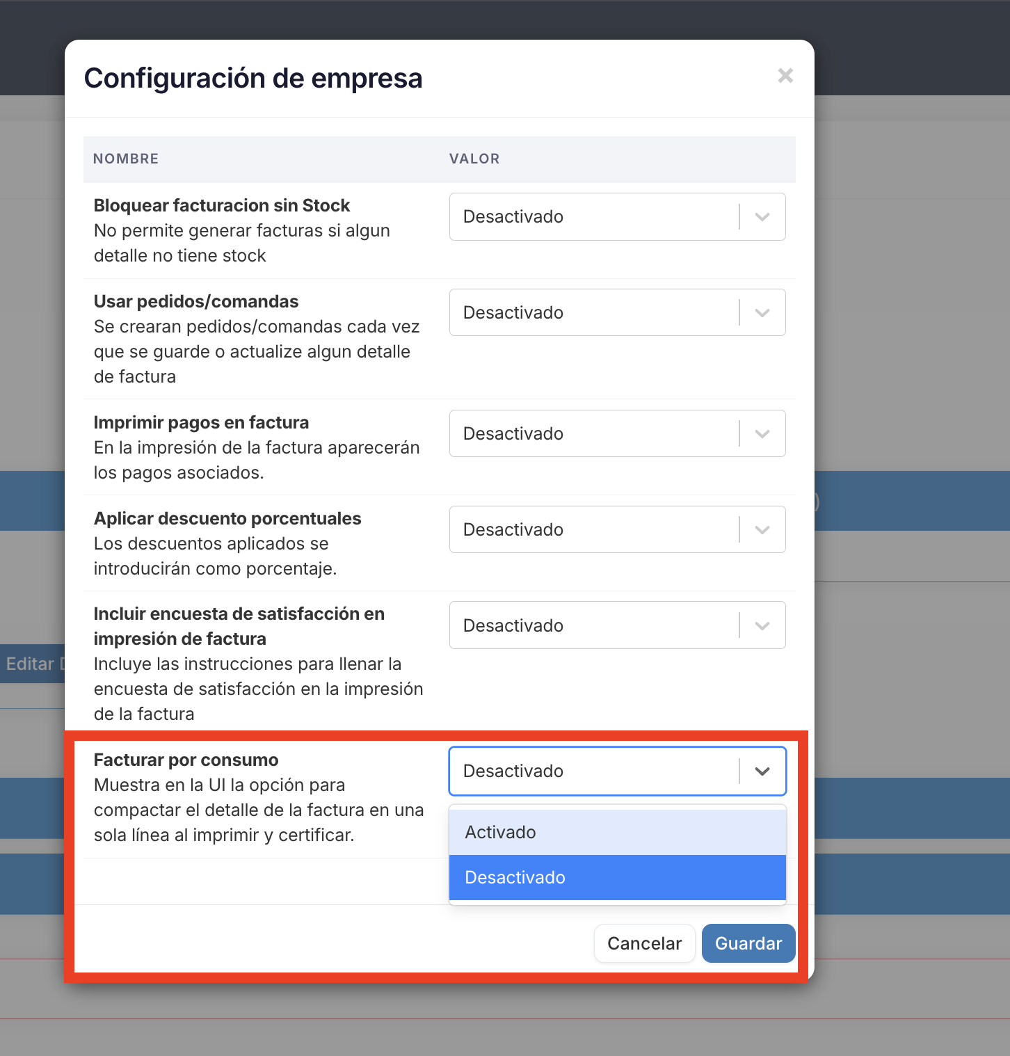 Configuración de empresa con la opción Facturar por consumo