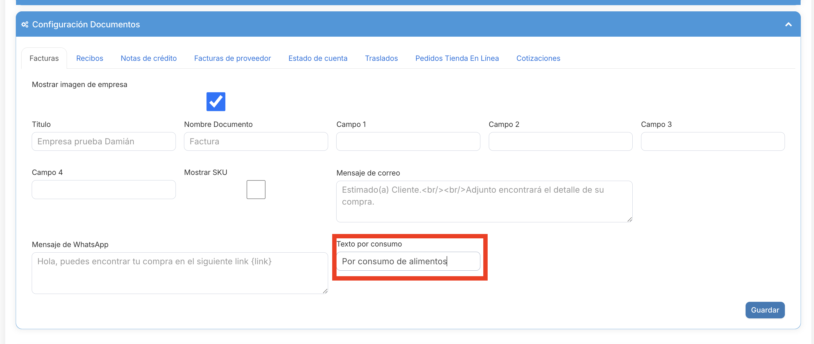 Configuración de documentos con el campo Texto por consumo