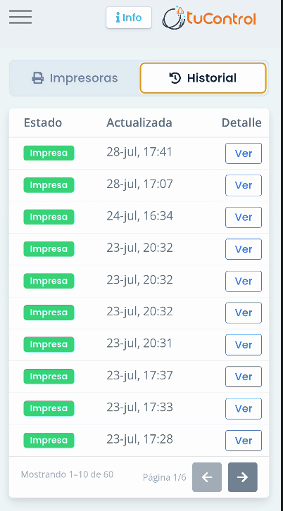 Pestaña Historial con lista de trabajos de impresión