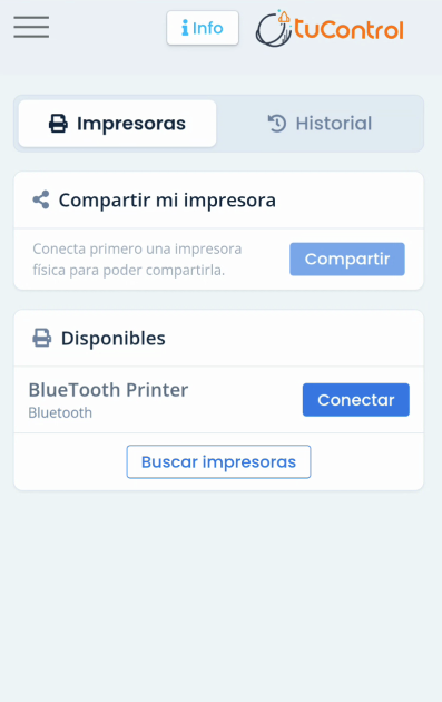 Pantalla de Impresión con pestañas Impresoras e Historial